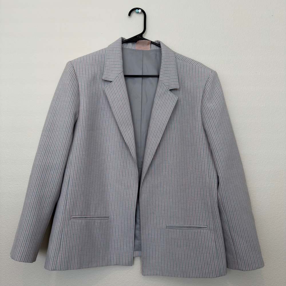 Tan Jay Blazer Women 18 Grey Excellent Striped Open Front Made in‎ Canada A0646